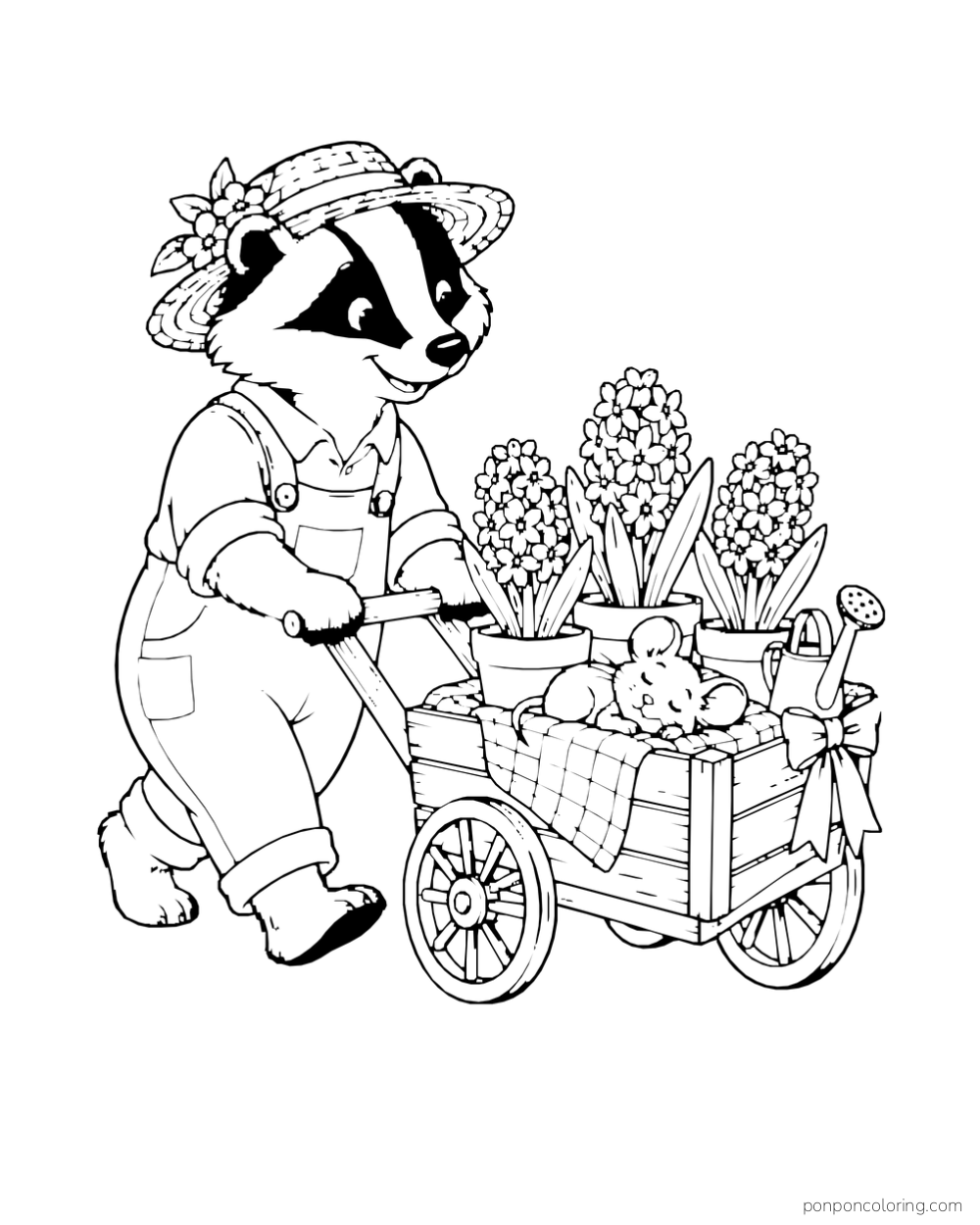 A badger in a straw hat pushes a small cart with hyacinths, gardening tools, and a sleeping mouse.