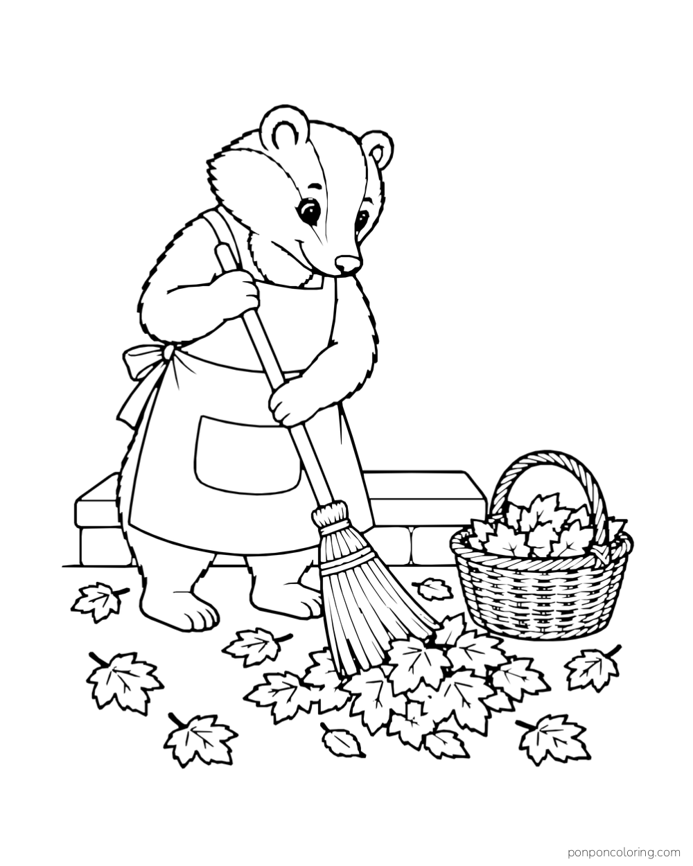 A badger in an apron sweeps leaves beside a basket on the ground.