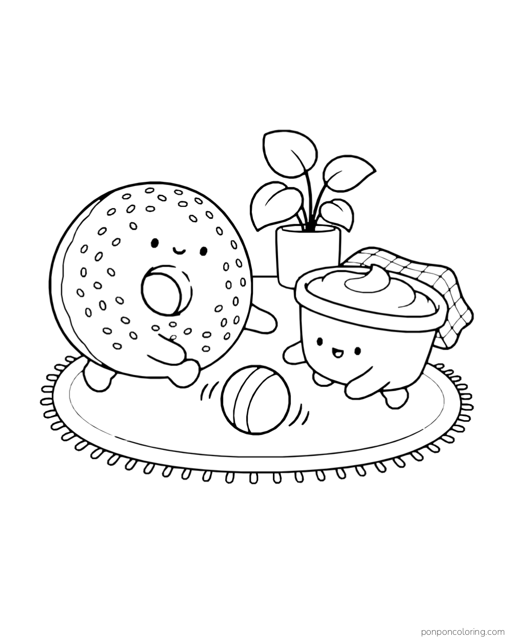 A bagel and a tub of cream cheese roll a striped ball between them on a fringed rug.