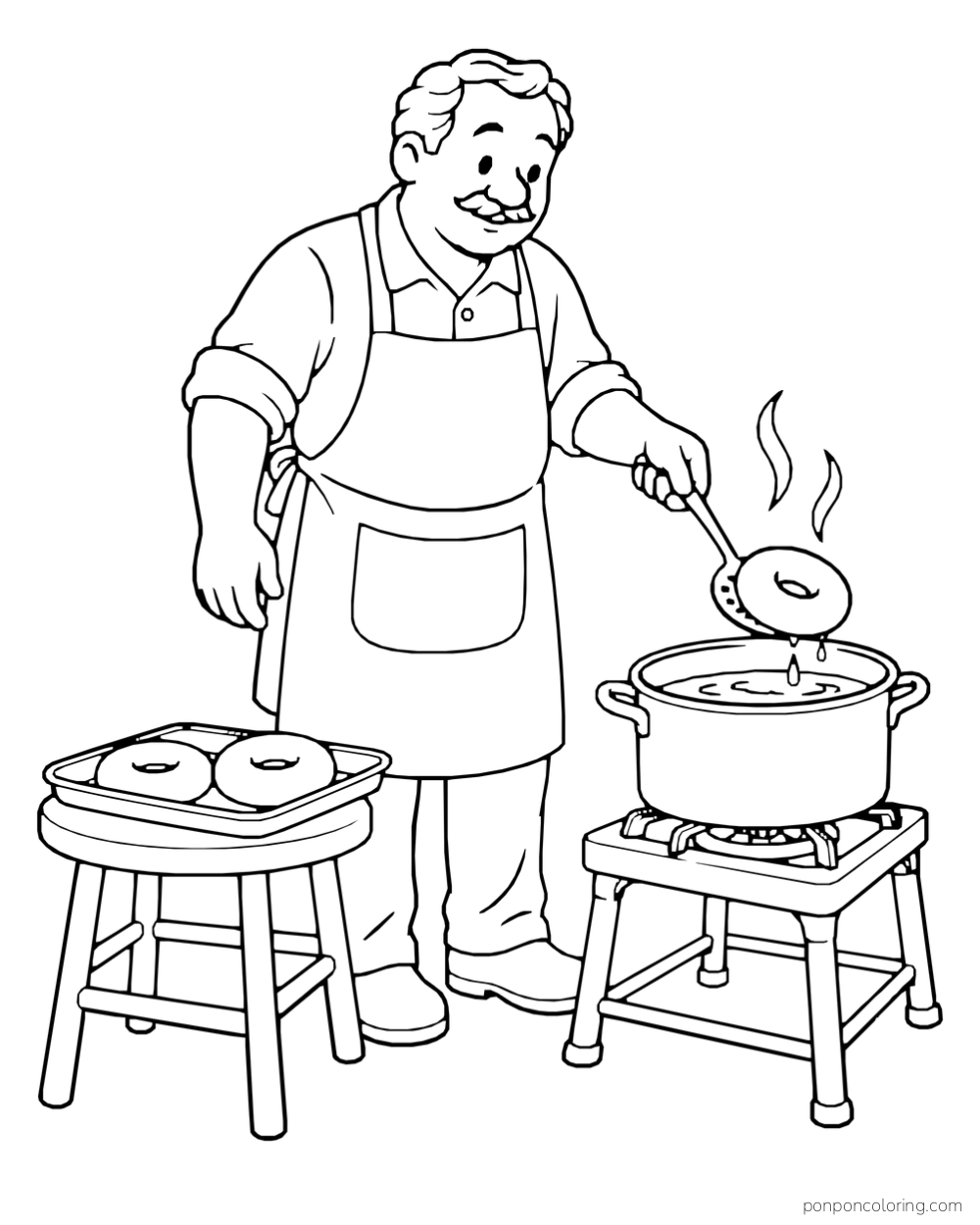 A baker lifts a ring-shaped bagel from a steaming pot, with more bagels on a stool nearby.