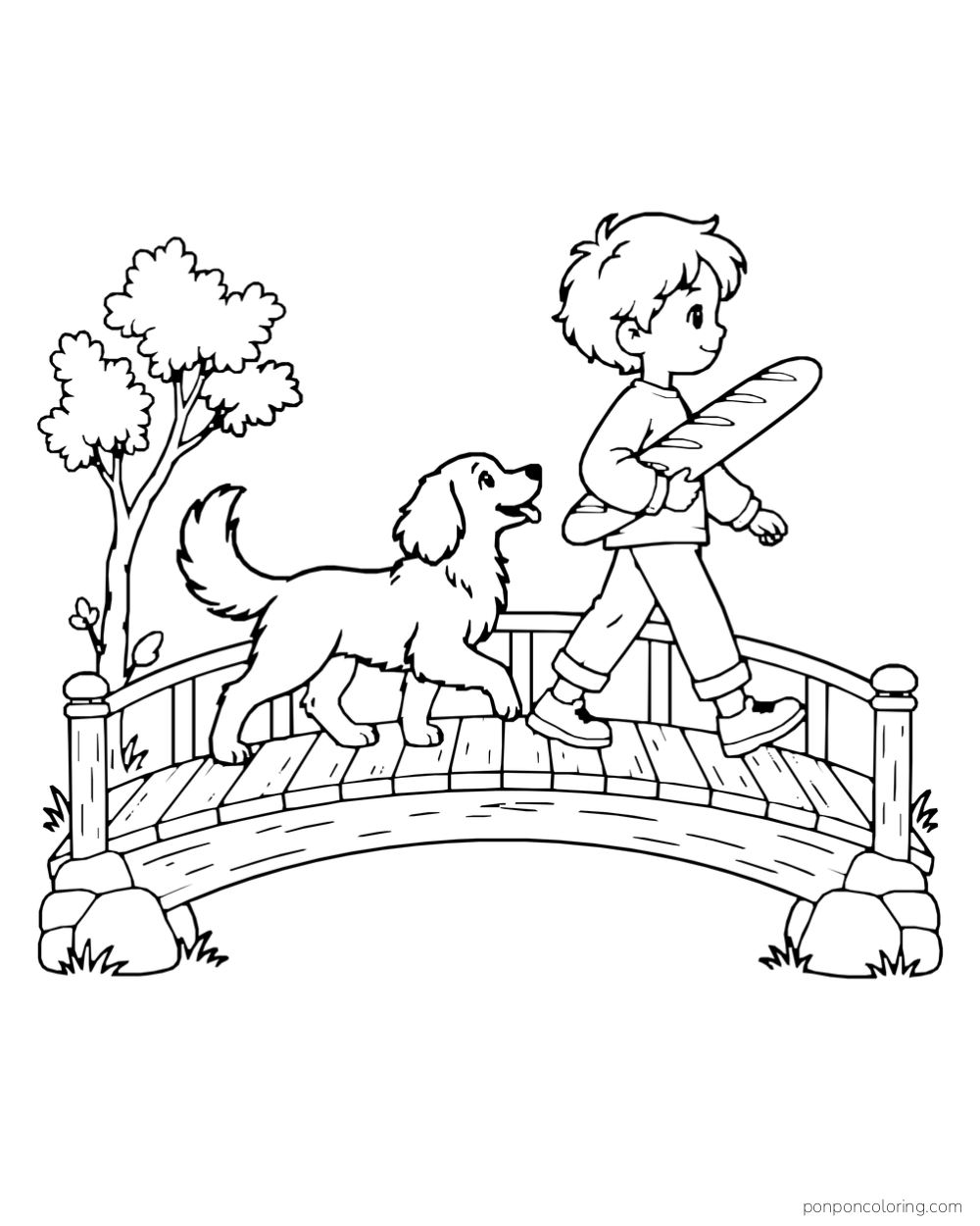A child carries a long baguette across a small arched bridge while a dog walks beside them.