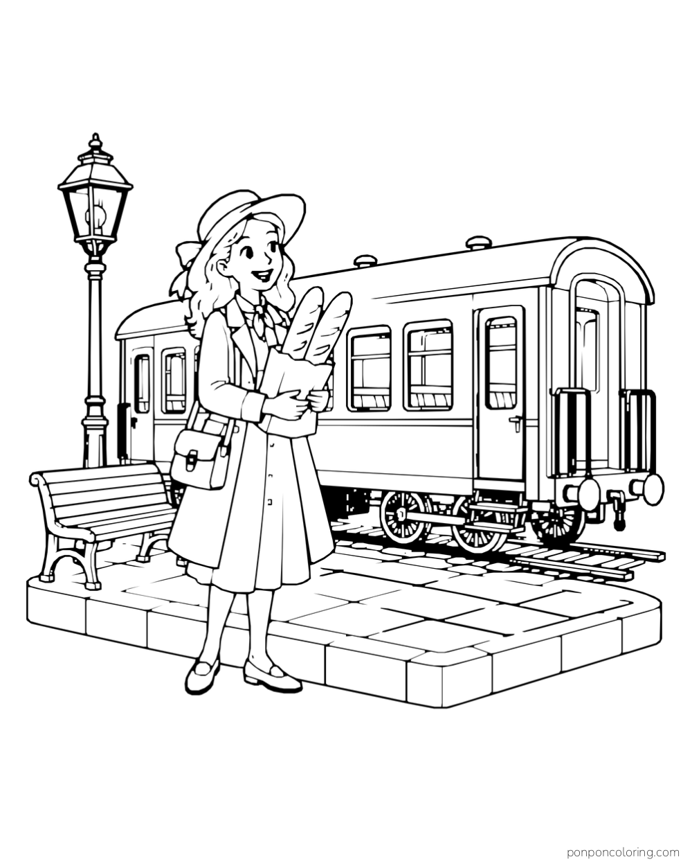 A traveler holds a paper bag with two baguettes beside a complete train car, lamp, and bench.