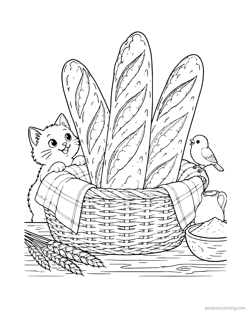 Three baguettes rise from a woven basket beside a kitten, a bird, and a folded cloth.