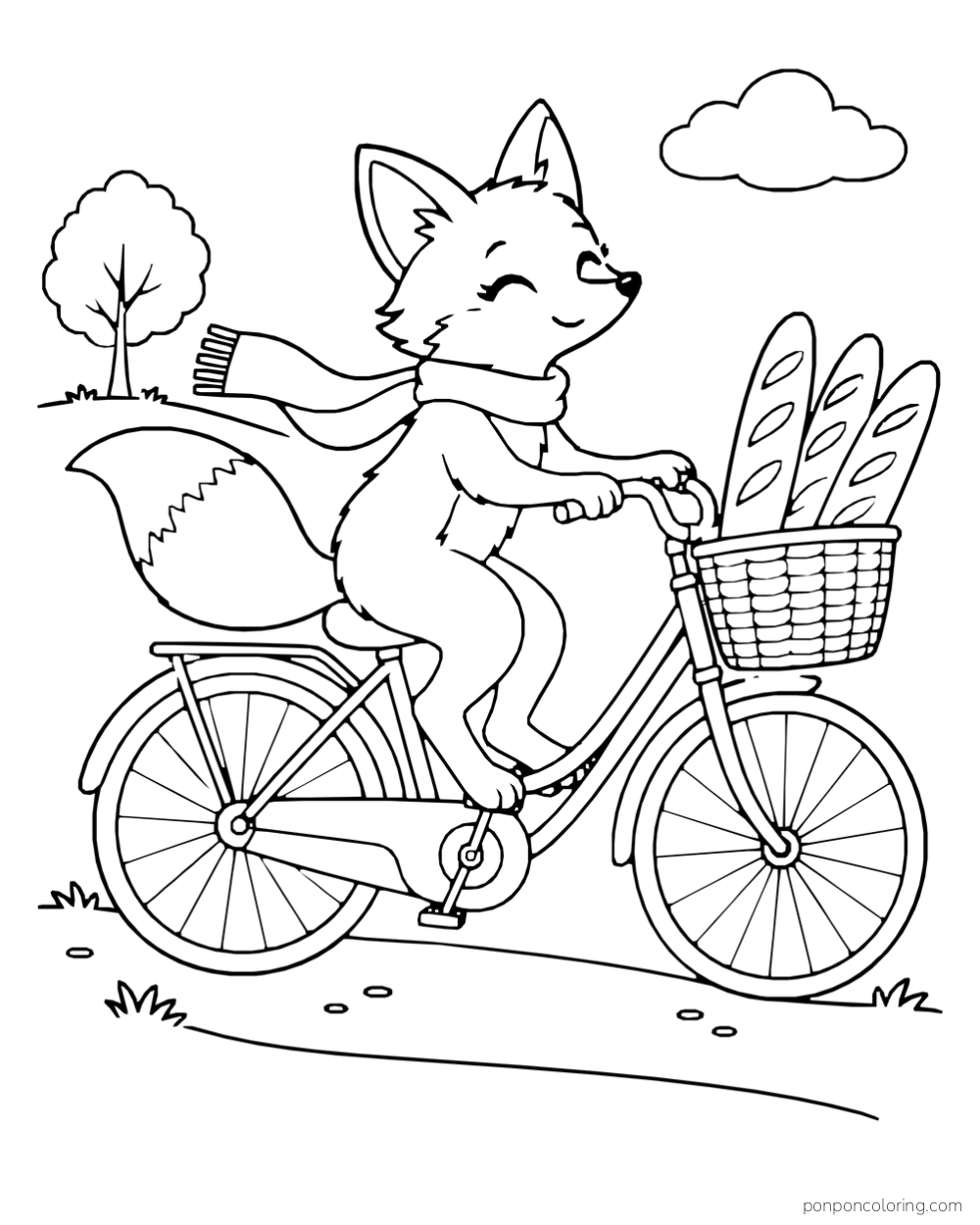 A fox rides a bicycle with several baguettes upright in the front basket beneath one cloud.