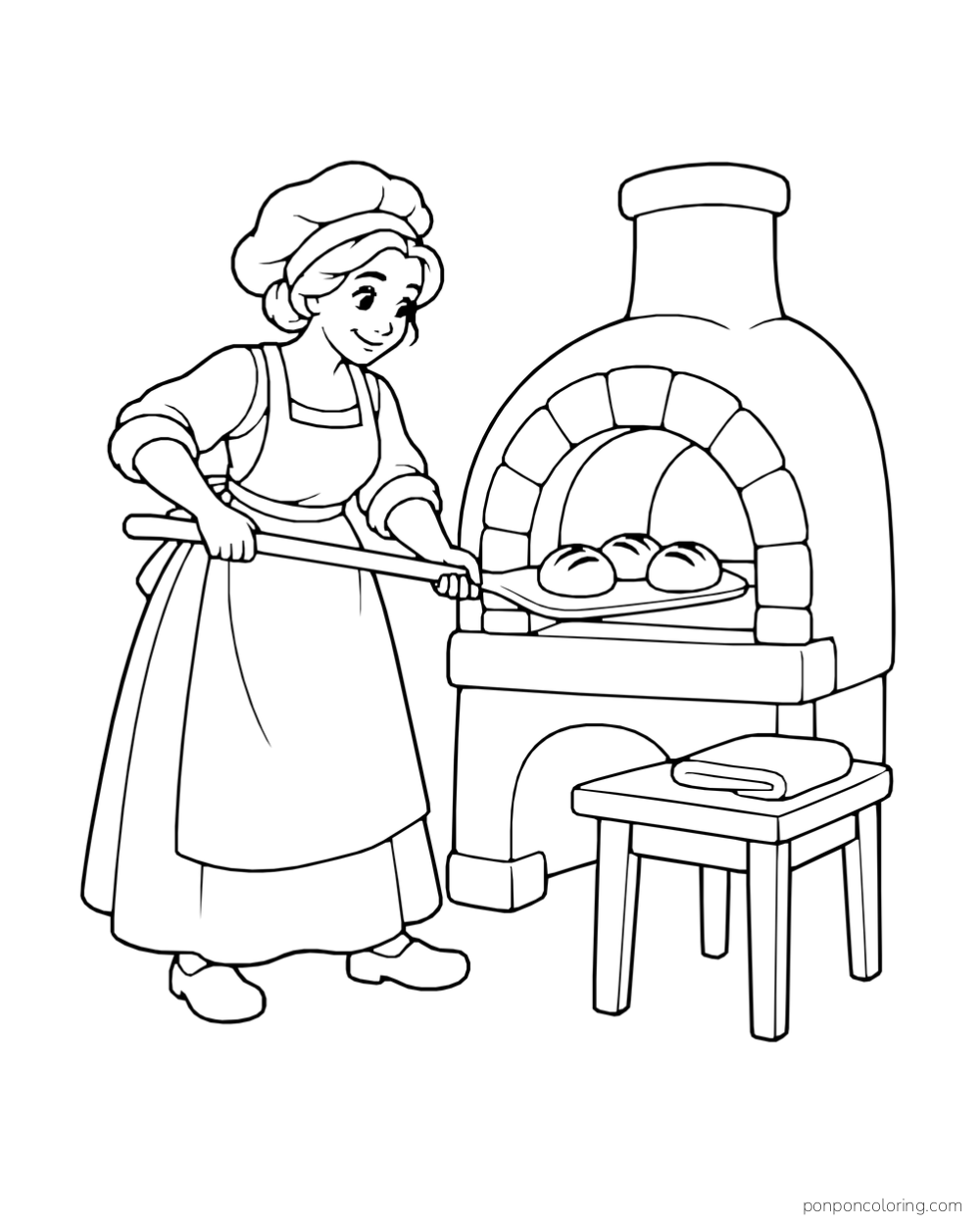 A baker using a long peel at an arched oven with two rolls, beside a small table and tray.