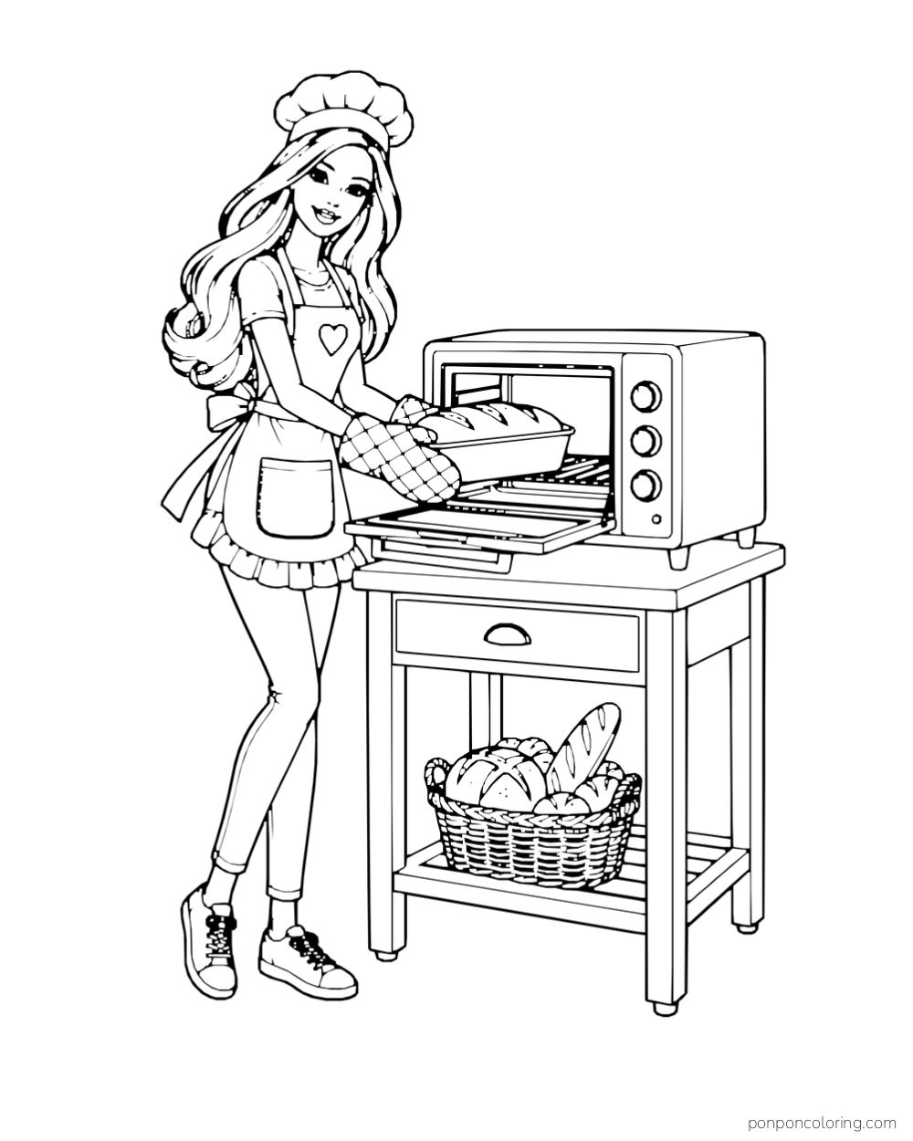 Barbie takes a loaf from a small oven above a basket of bread.