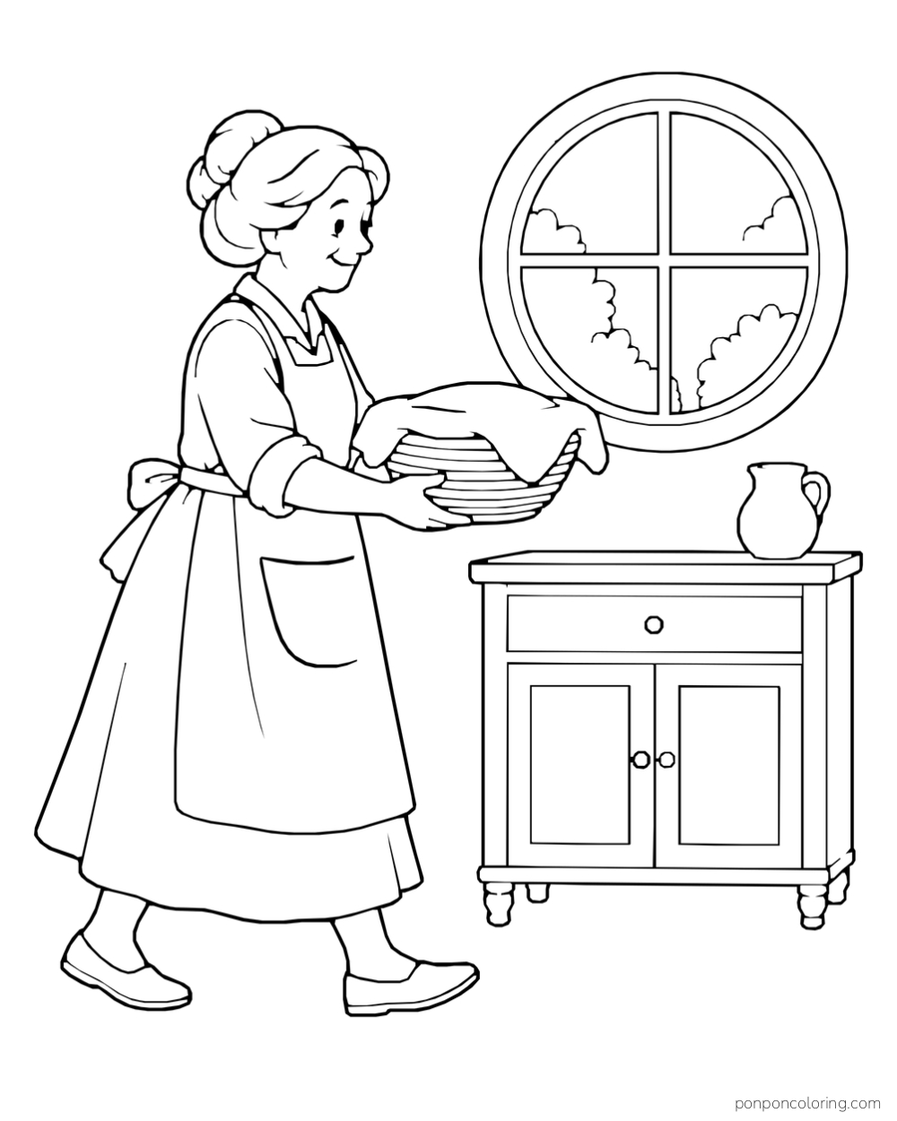 A baker carries a round covered basket toward a cabinet beneath a circular window.