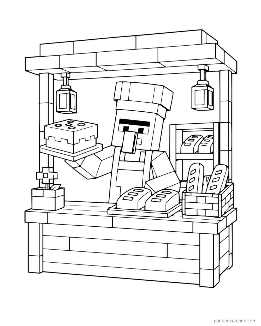 A villager baker holds a cake at a wooden stall with bread and hanging lanterns.