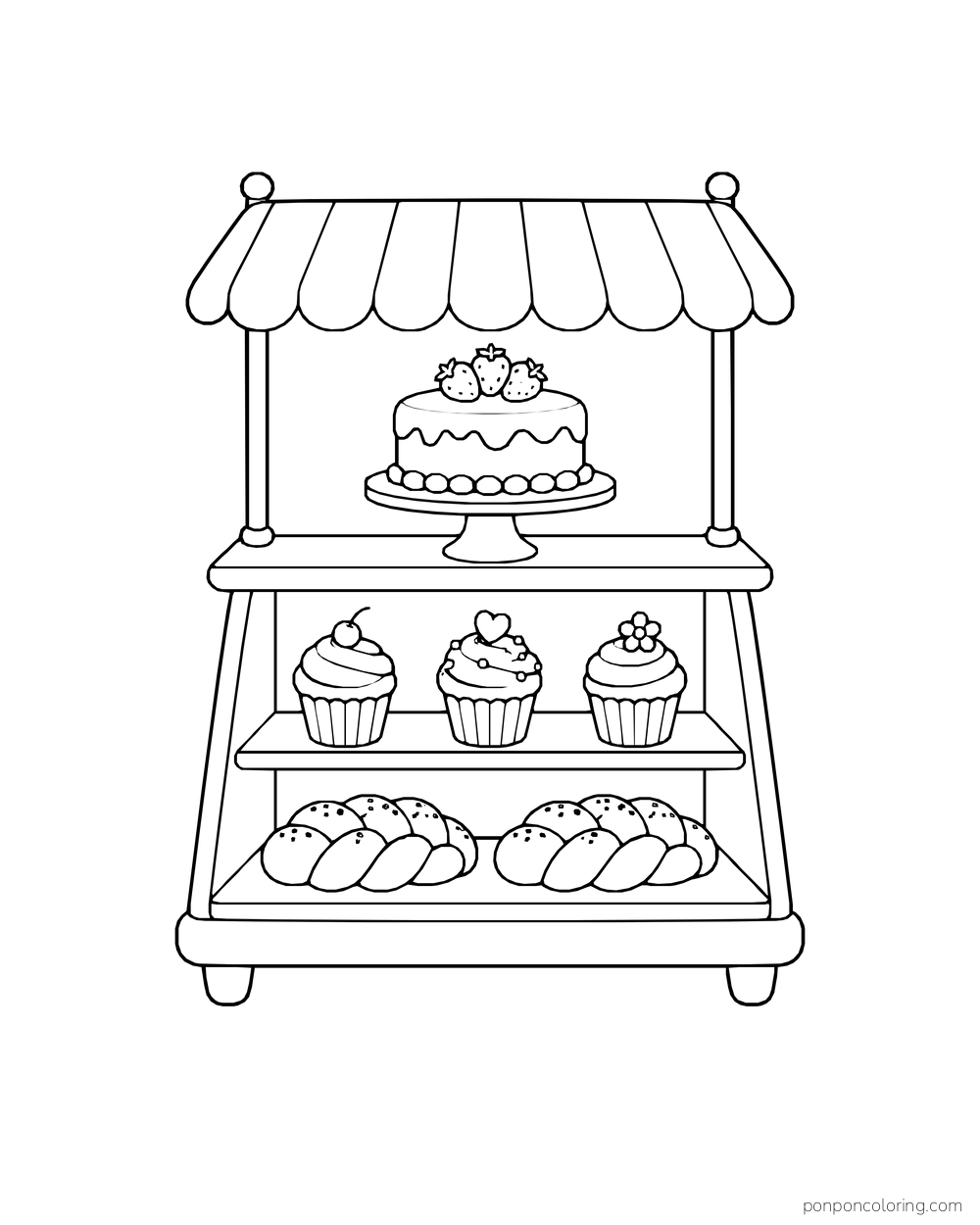 Bakery display with a strawberry cake, three cupcakes, and two braided loaves beneath a striped canopy.