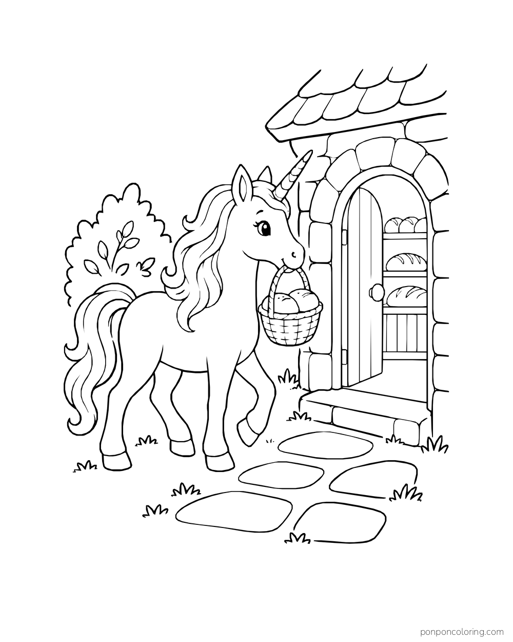 A unicorn brings a basket of rolls toward a little arched bakery doorway.