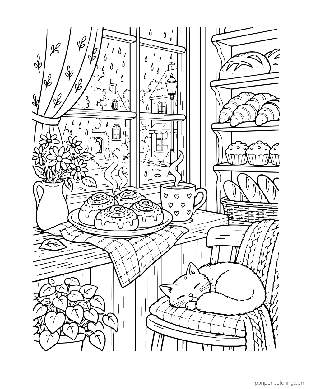 Rain runs down a bakery window above sweet rolls and a steaming mug, with a cat asleep nearby.