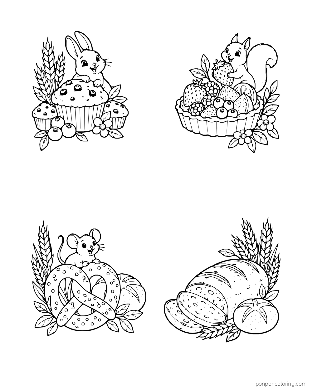 Four corner groups show muffins, fruit tarts, pretzels, bread, wheat, and small animals.