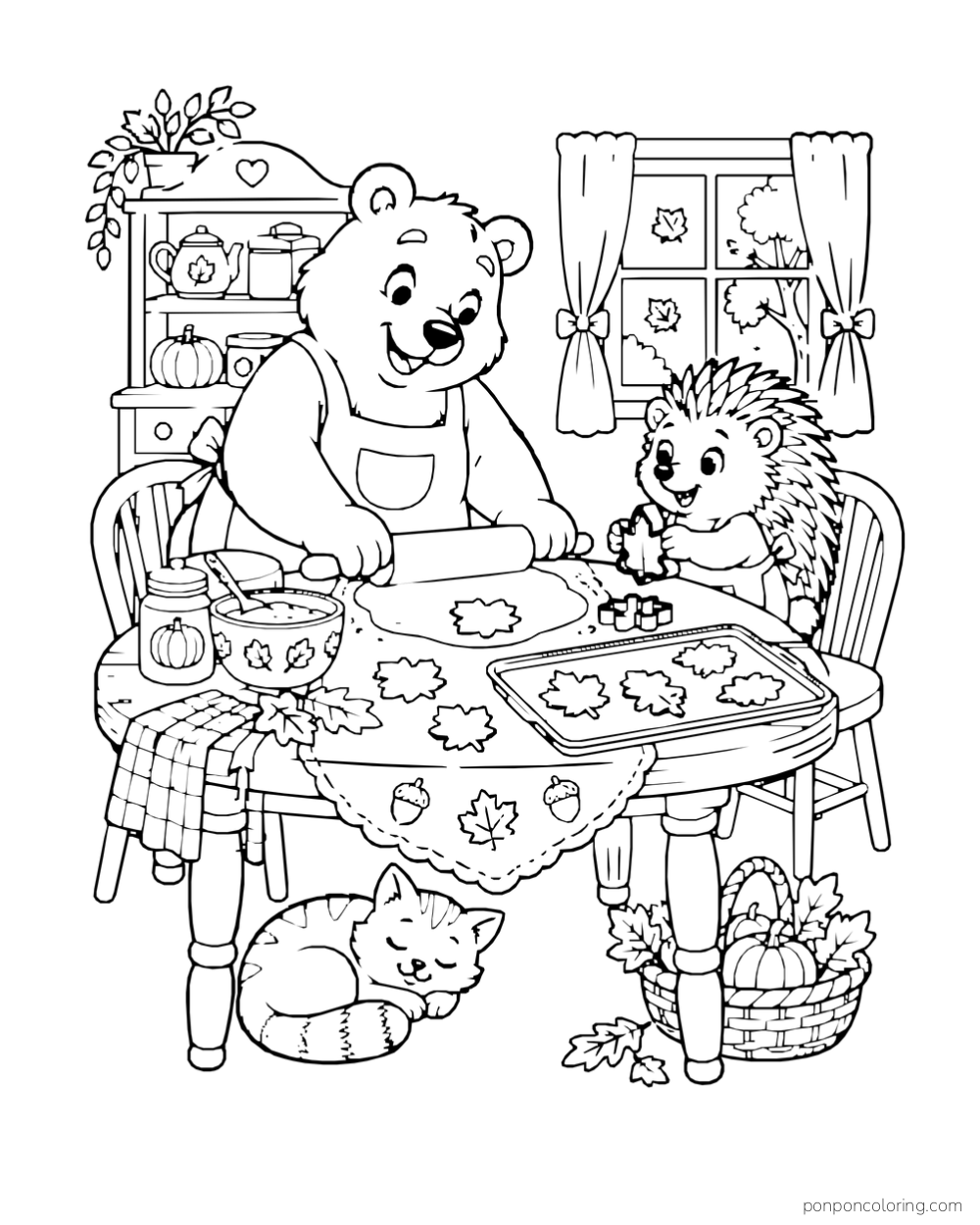 A bear and hedgehog bake leaf-shaped cookies at a kitchen table while a cat sleeps below.