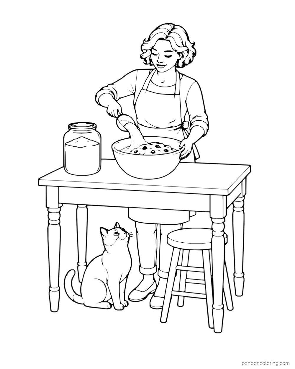 A baker stirs cookie dough at a table while a cat looks up from the floor.
