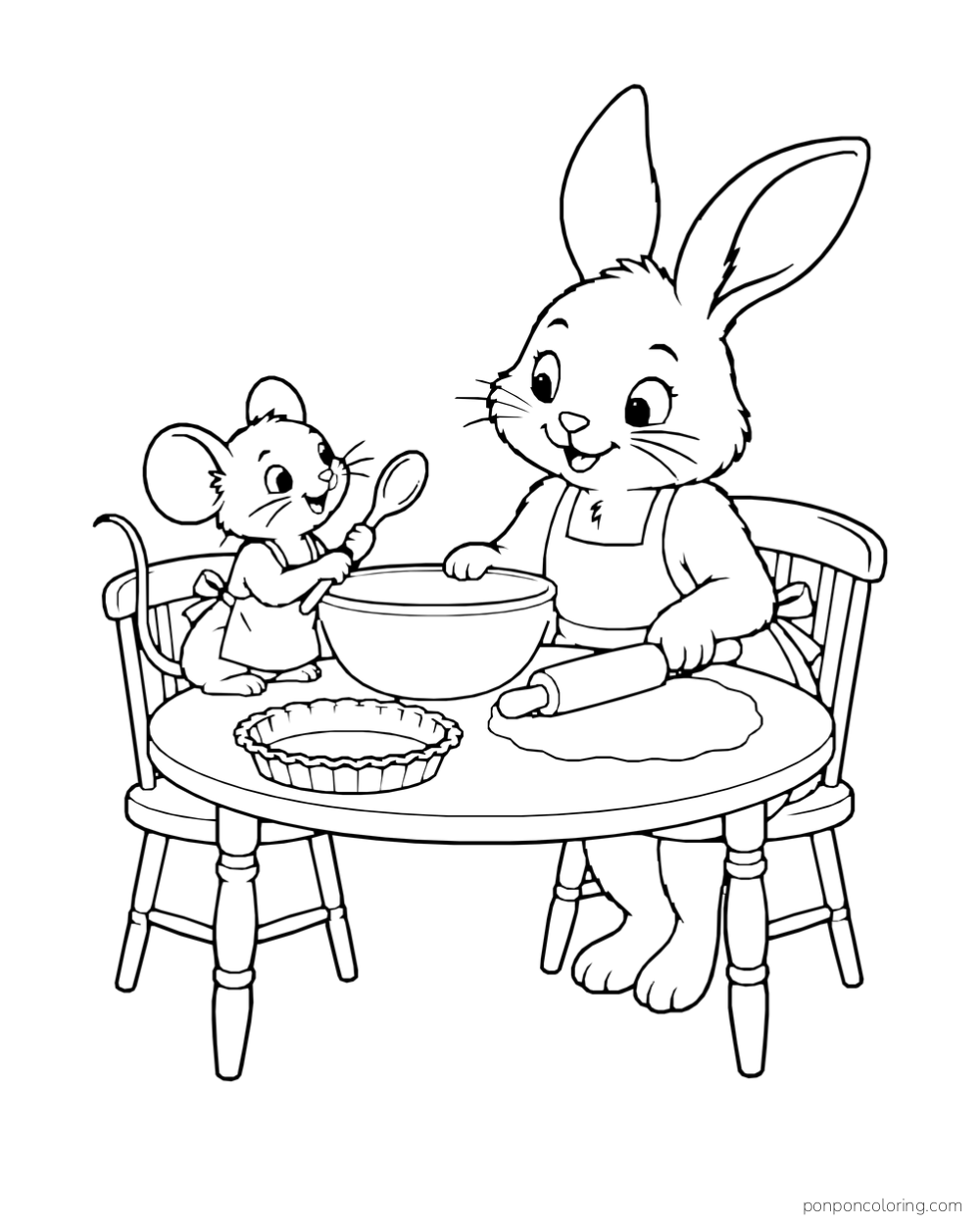 A rabbit and mouse mix ingredients at a table beside a pie crust.