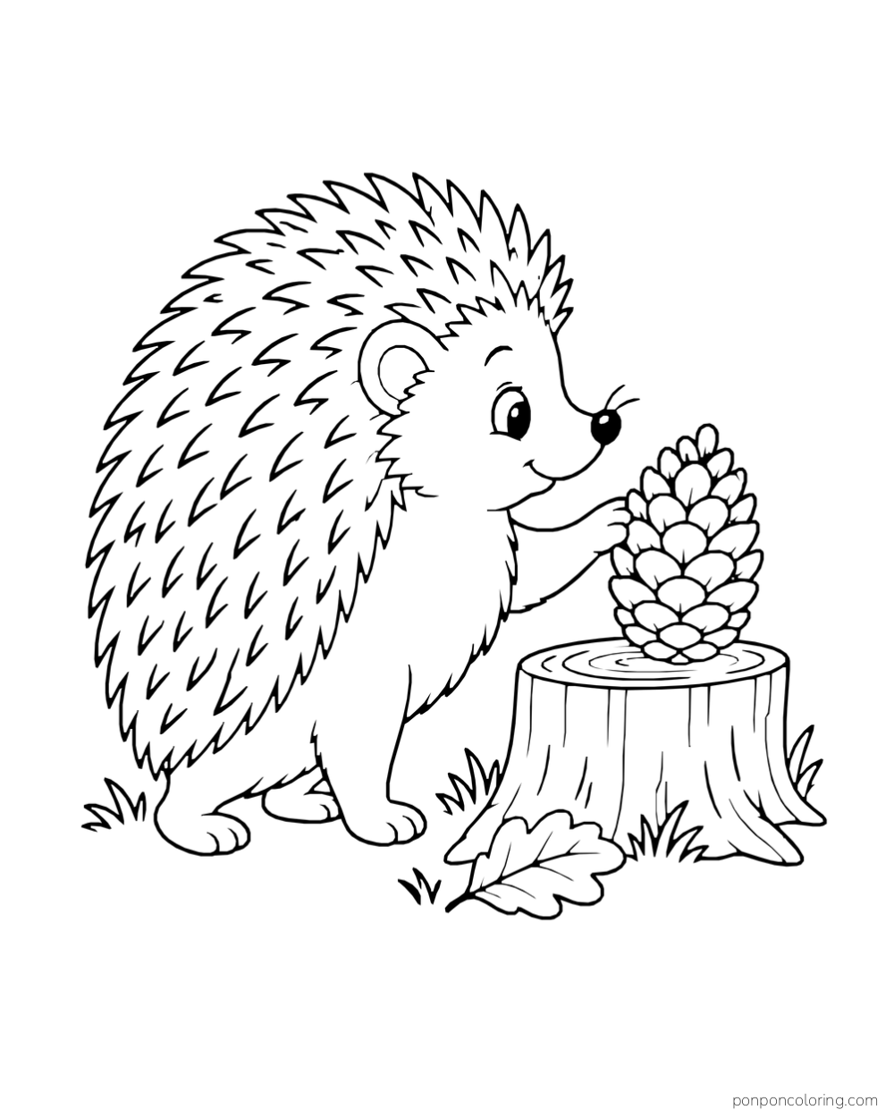 A side-view hedgehog steadies one pinecone on a low stump.