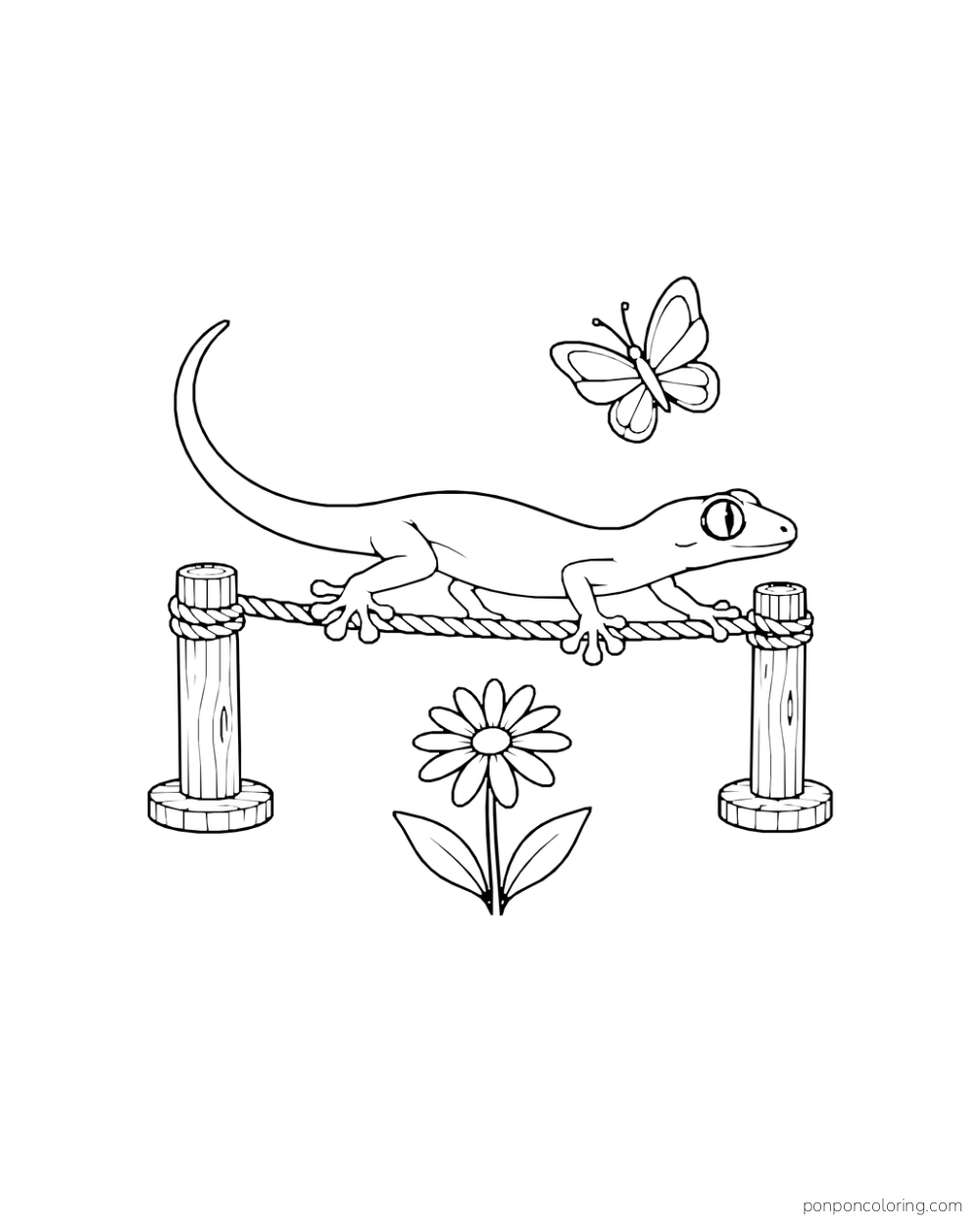 A gecko balances along a rope between two low pegs with a daisy below and a butterfly above.