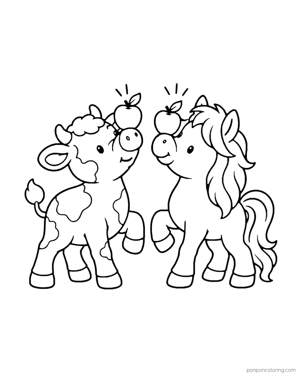 A calf and pony balance apples on their noses.