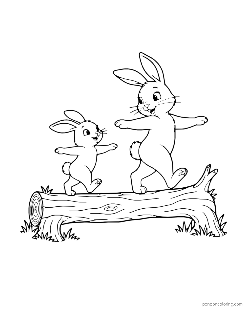 Two rabbits balance in different poses on one fallen tree trunk.
