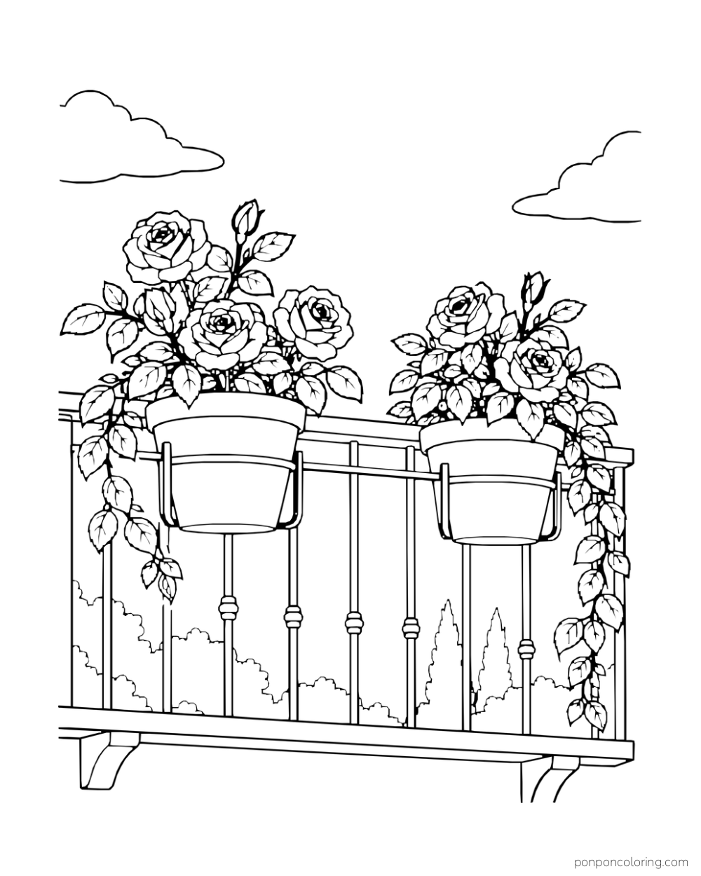 Two pots of roses hanging from a small balcony rail beneath open sky.