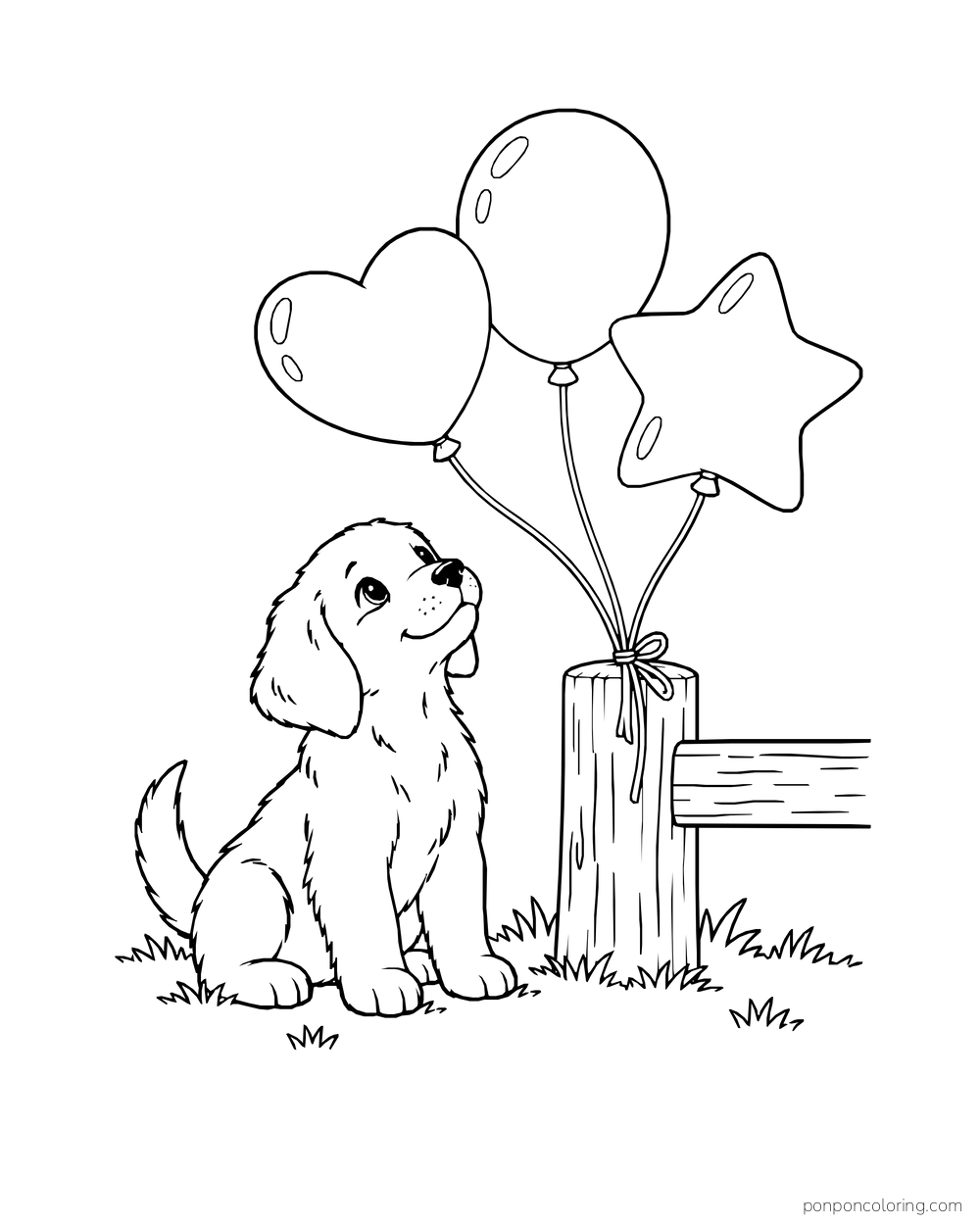 A puppy looks up at heart, oval, and star balloons tied to a fence post.