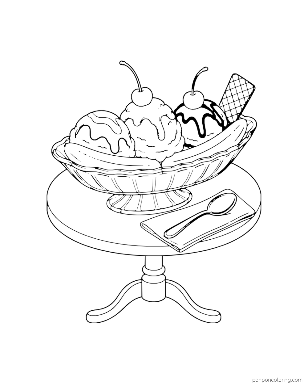 A banana split with three scoops, cherries, and a wafer sits on a round table with a spoon and napkin.