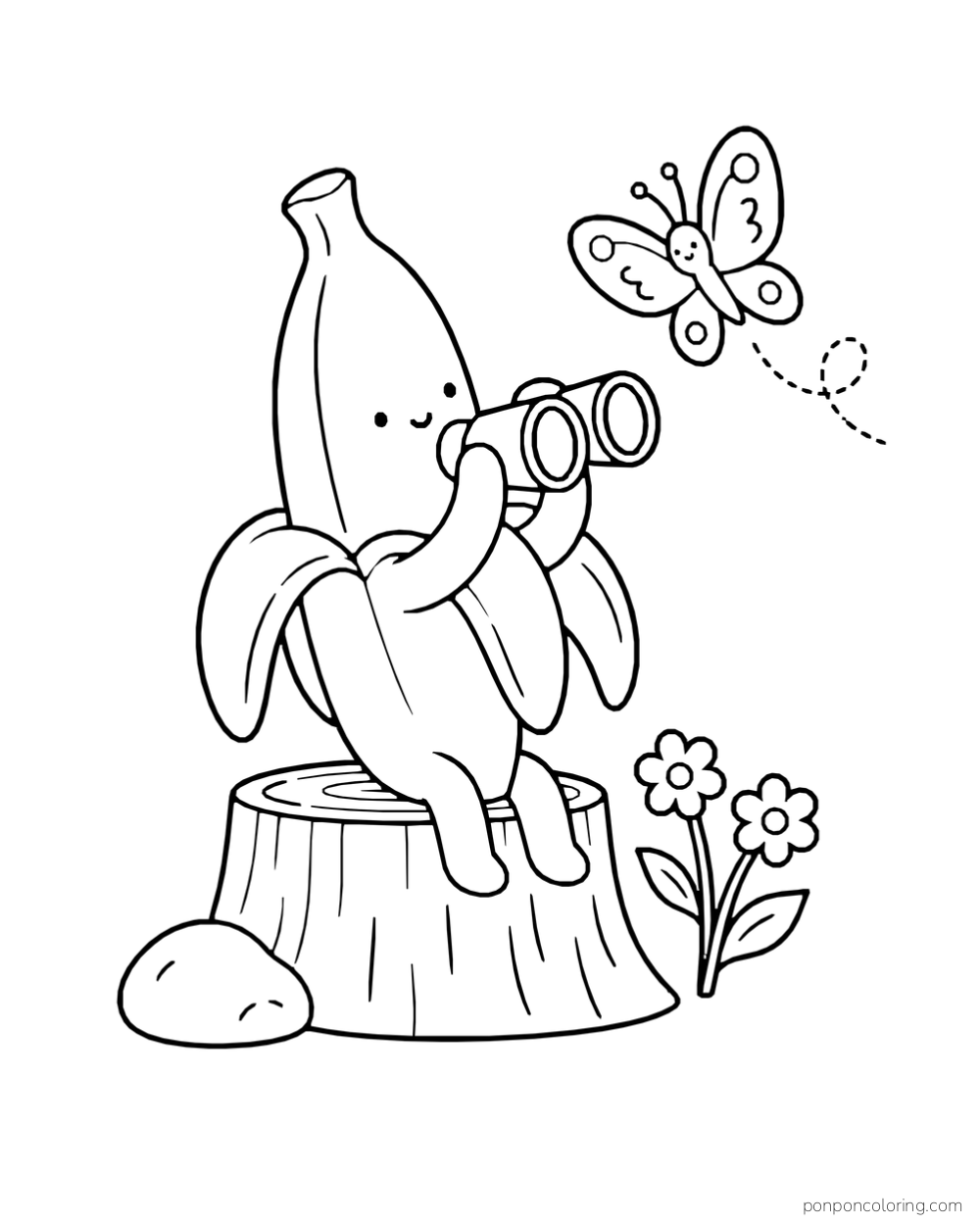 A banana holds binoculars while sitting on a tree stump near a butterfly and flowers.