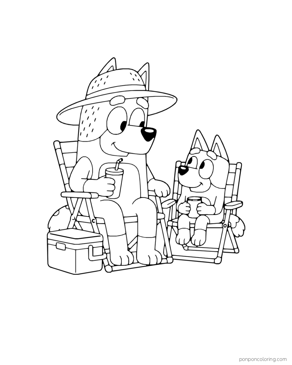 Bandit wears a sun hat while he and Bingo sit in folding chairs with drinks beside a cooler.