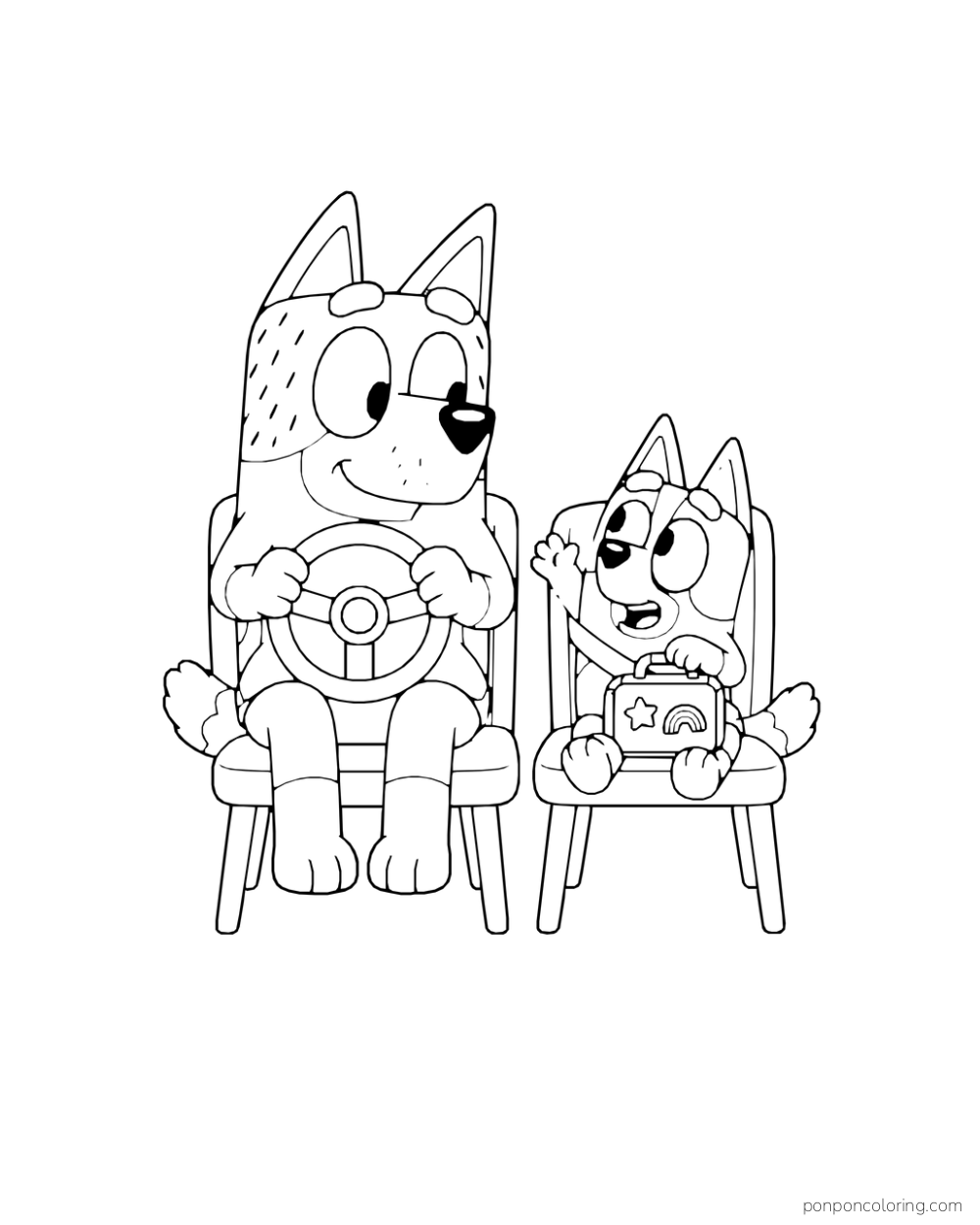 Bandit holds a toy steering wheel on a chair beside Bingo sitting with a small suitcase.
