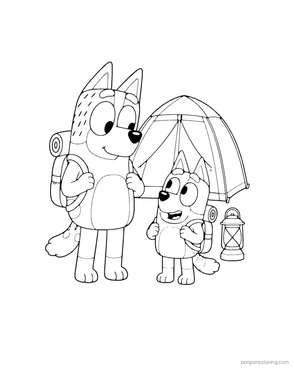Bandit and Bingo wear backpacks beside a tent and lantern.