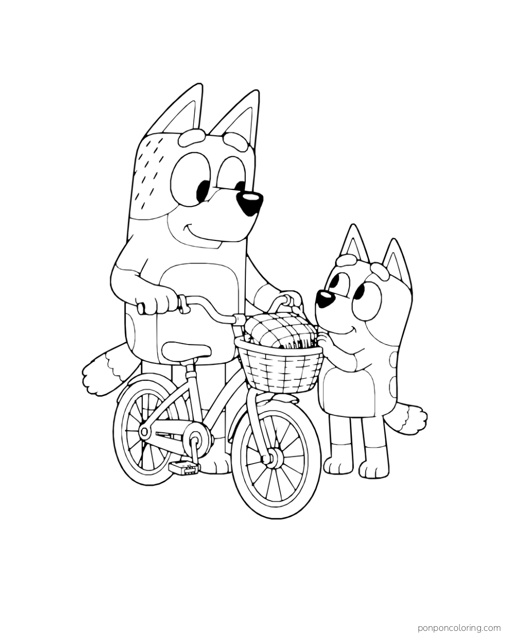 Bandit holds a bicycle while Bluey stands beside its basket of picnic supplies.