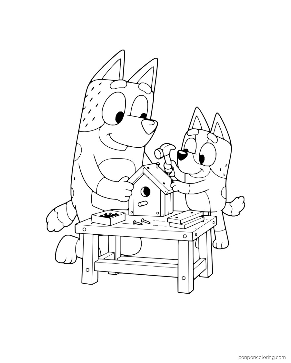 Bandit and Bluey work on a birdhouse at a small wooden workbench with tools.