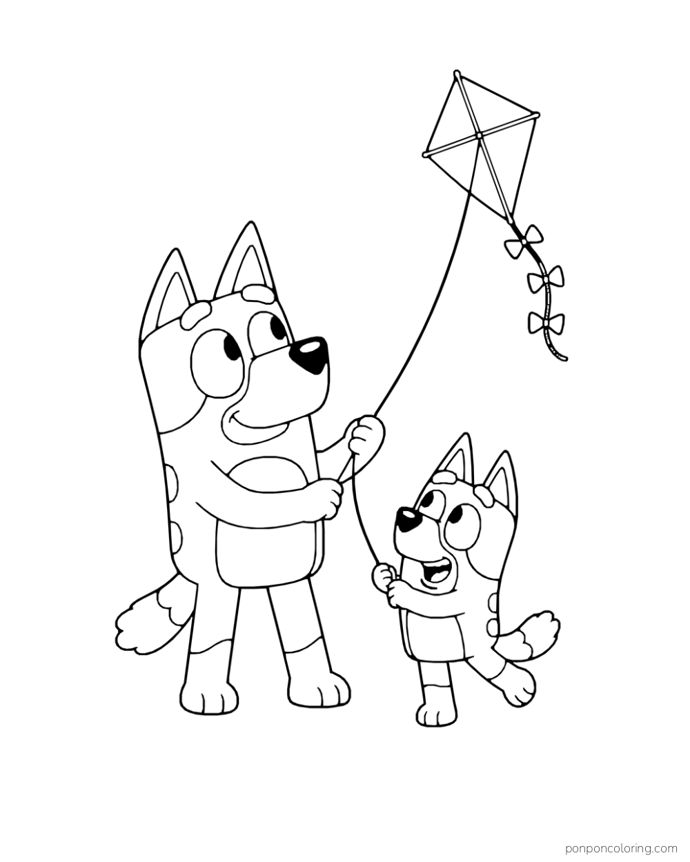Bandit and Bluey hold the string of a diamond-shaped kite with a ribbon tail.