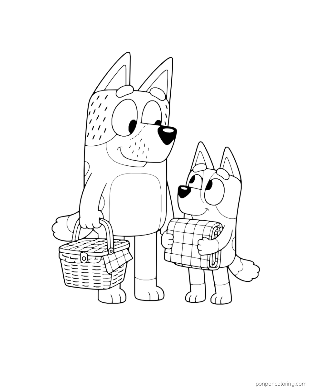 Bandit holds a picnic basket while Bluey carries a rolled blanket.