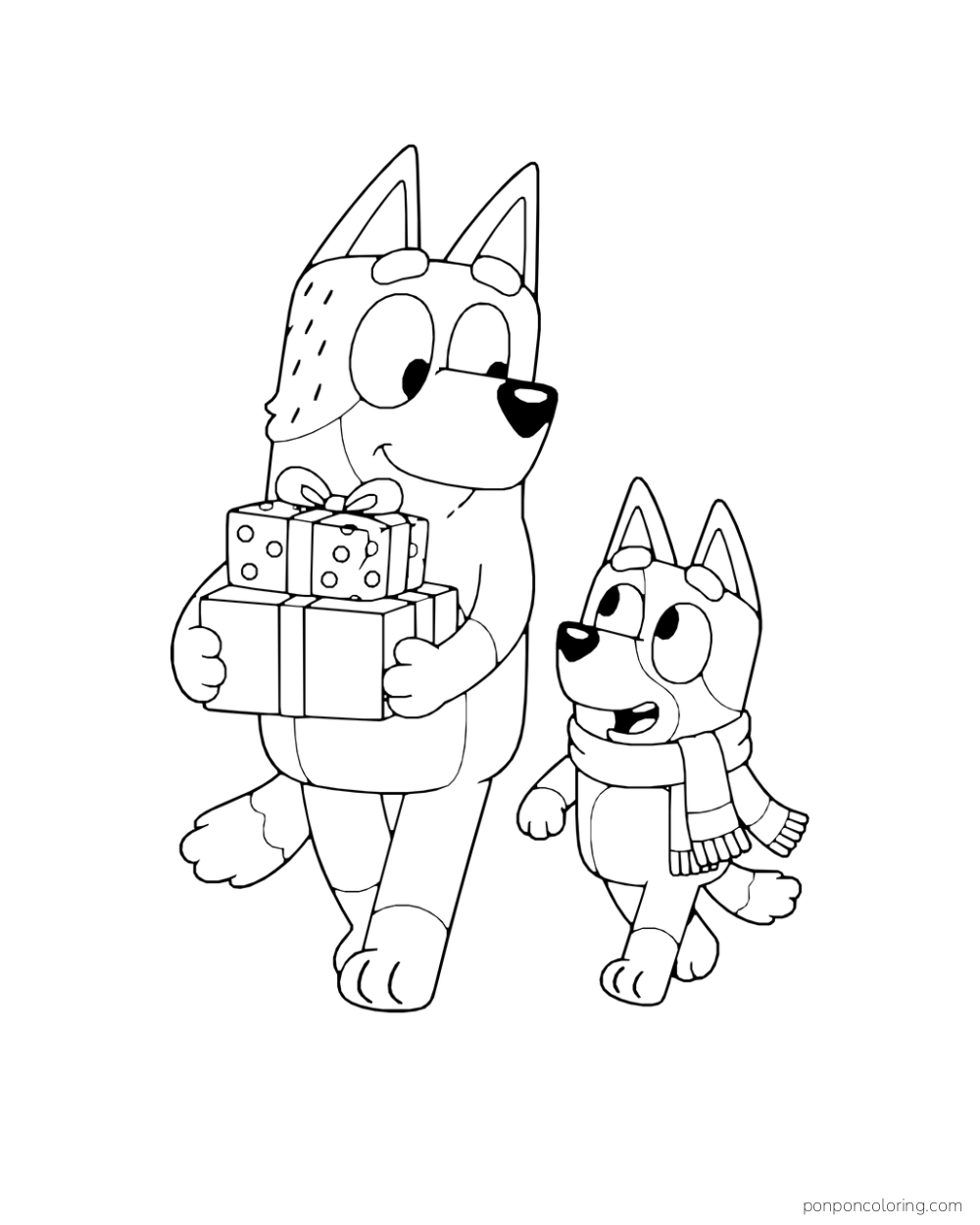 Bandit carries wrapped presents while Bluey walks beside him wearing a striped scarf.