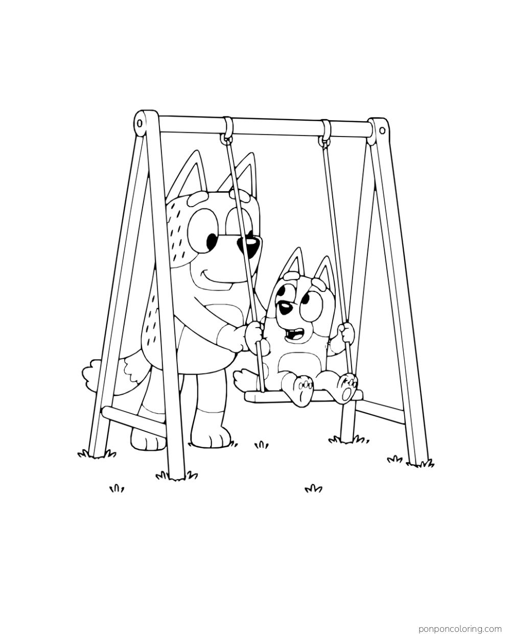 Bandit pushes Bingo on a garden swing with a complete freestanding frame.