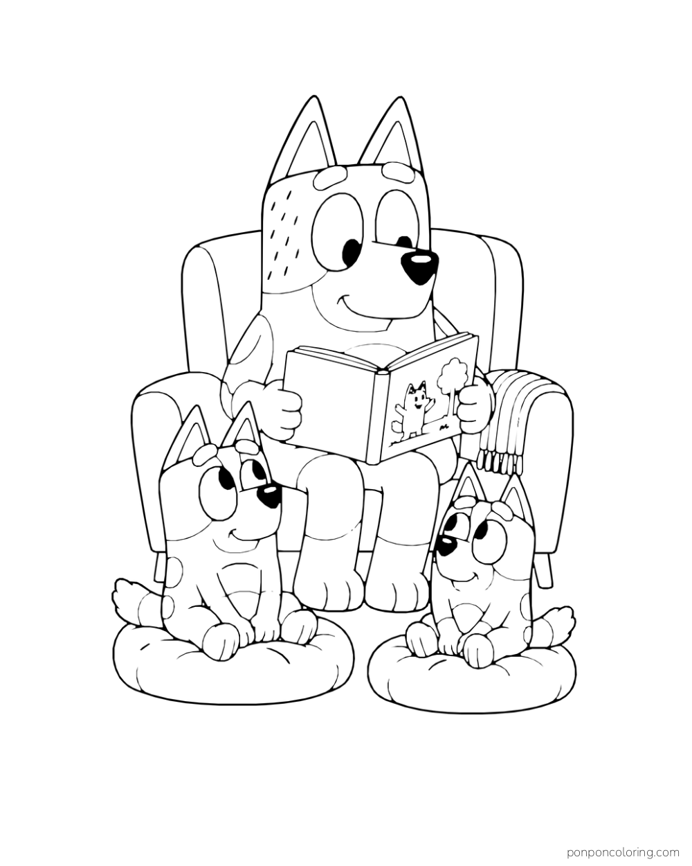 Bandit reads in an armchair while Bluey and Bingo sit on cushions at his feet.