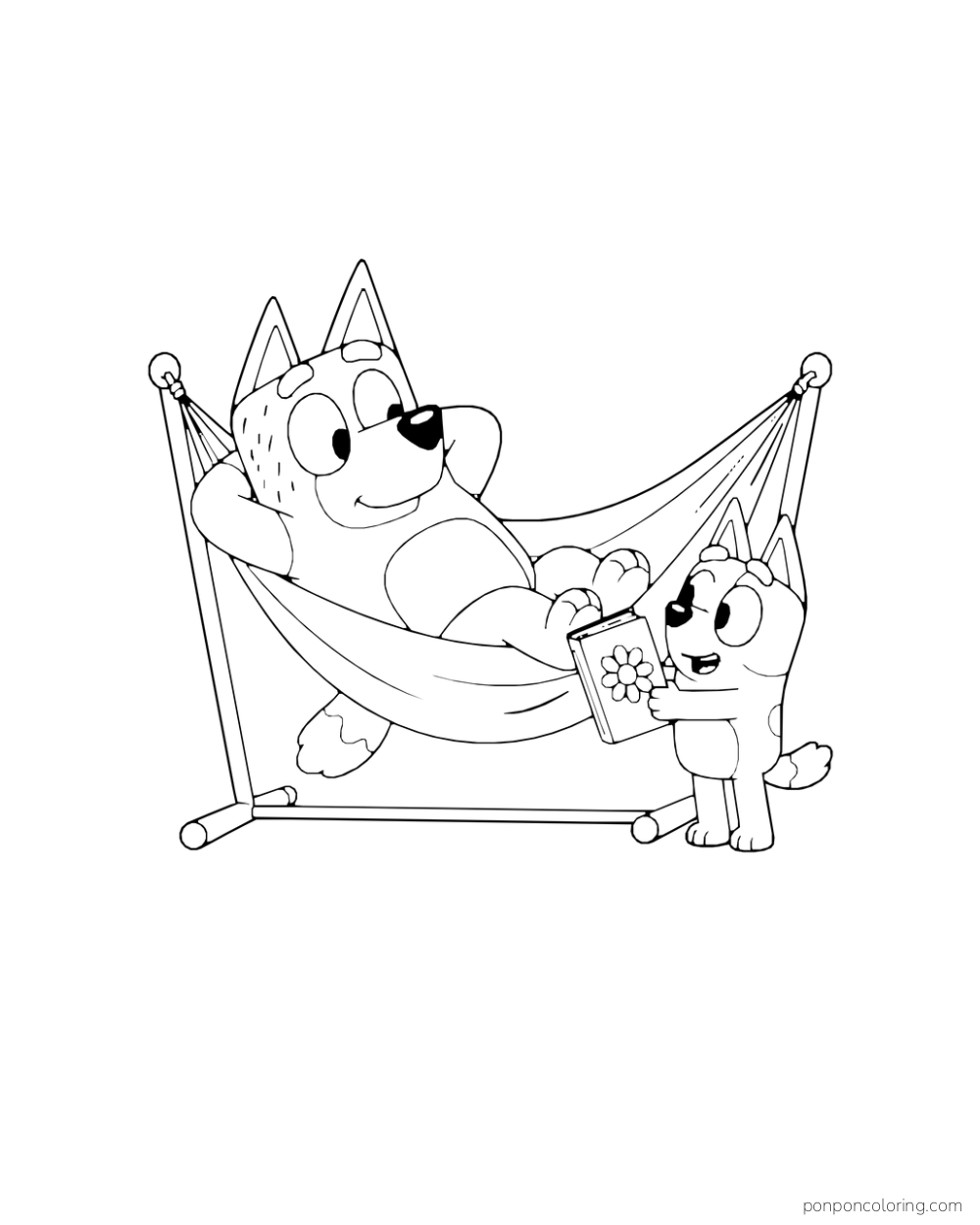 Bandit rests in a hammock while Bingo brings a book with a flower on its cover.