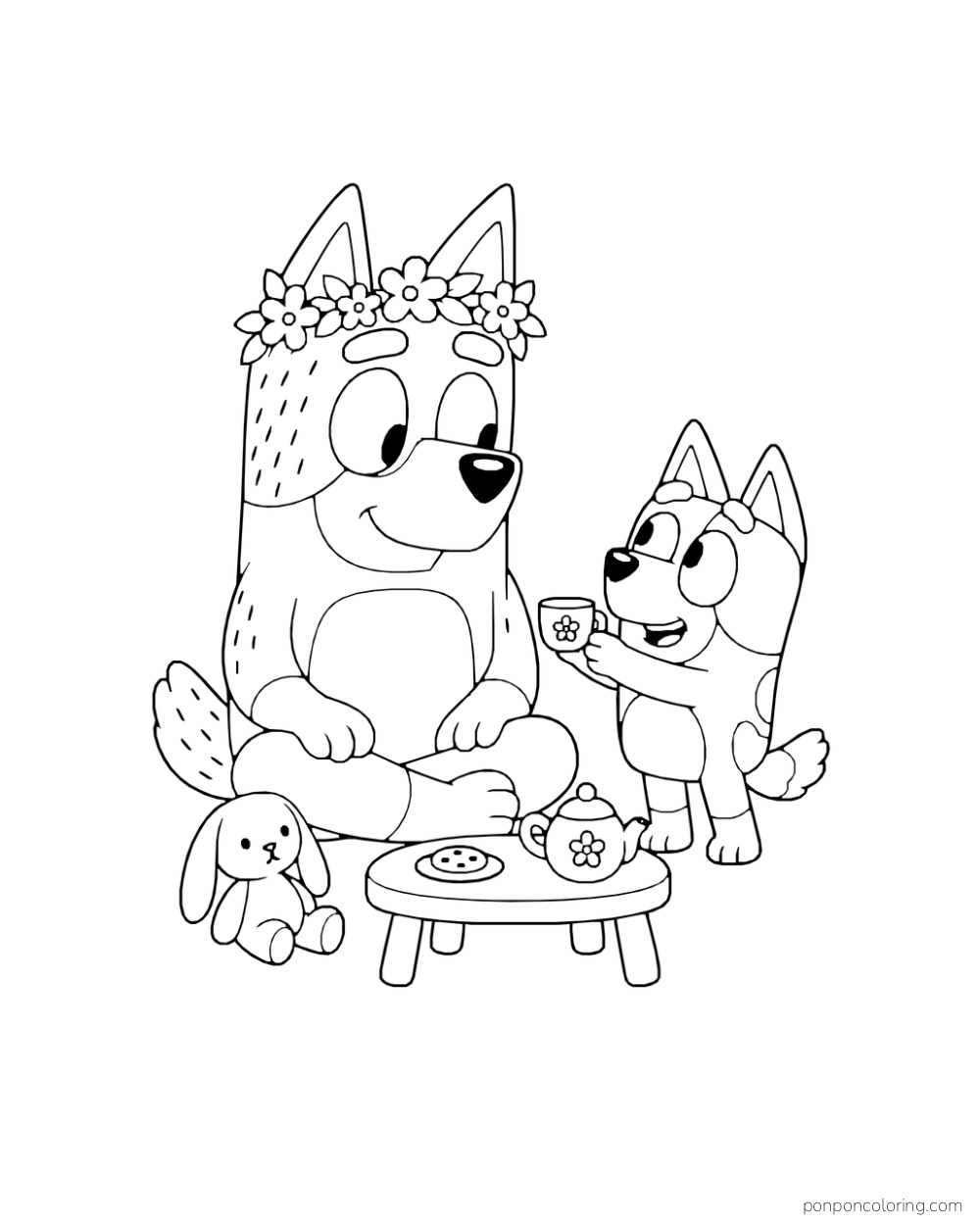 Bandit wears a flower crown while Bingo offers a cup beside a tea table and toy rabbit.