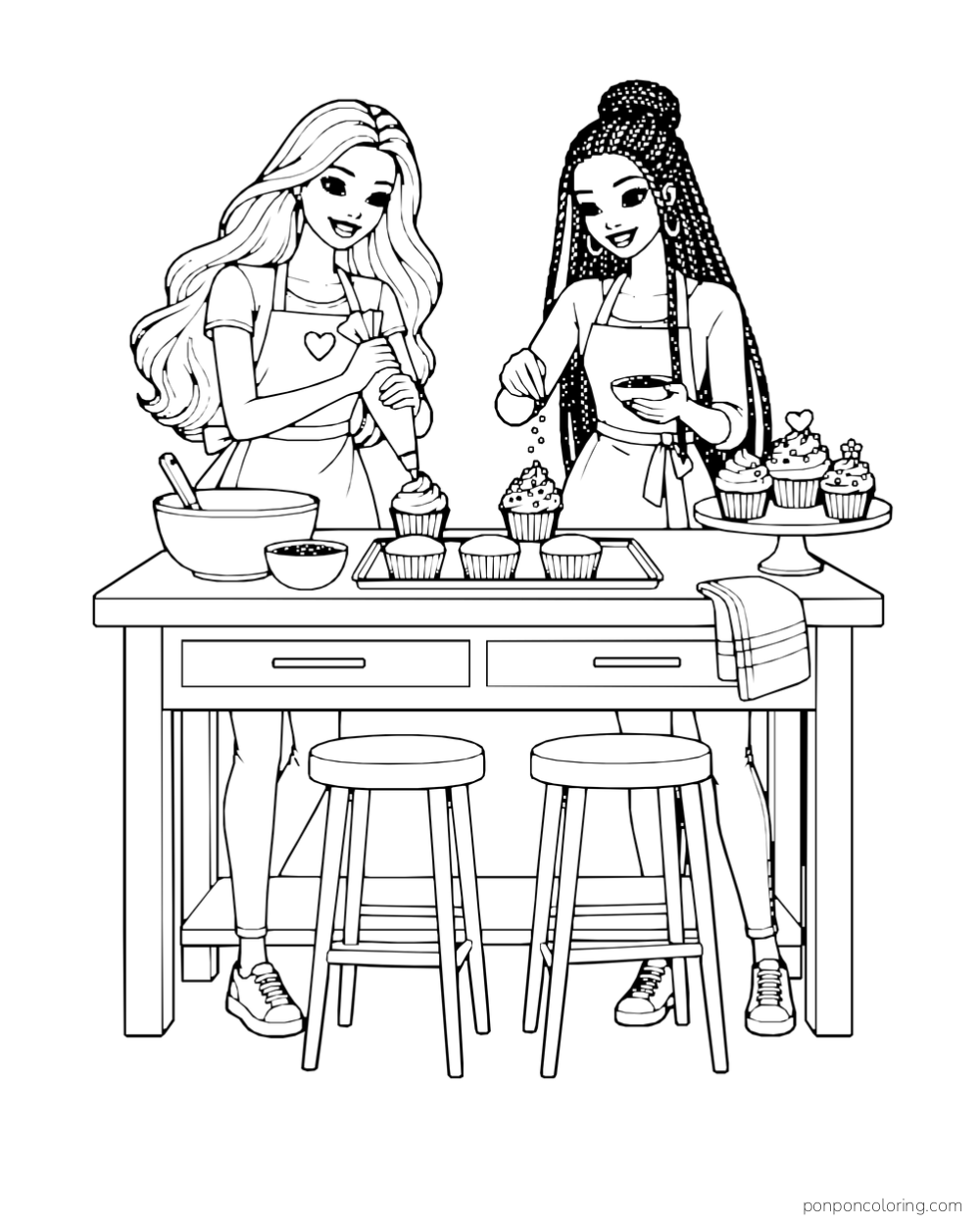 Barbie and a braided-haired friend decorate cupcakes at a table with a mixing bowl and two stools.