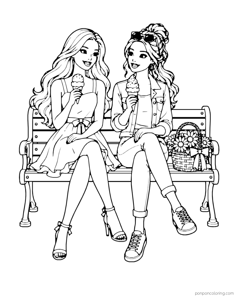Barbie and a friend sit on a bench holding ice cream cones beside a basket of flowers.