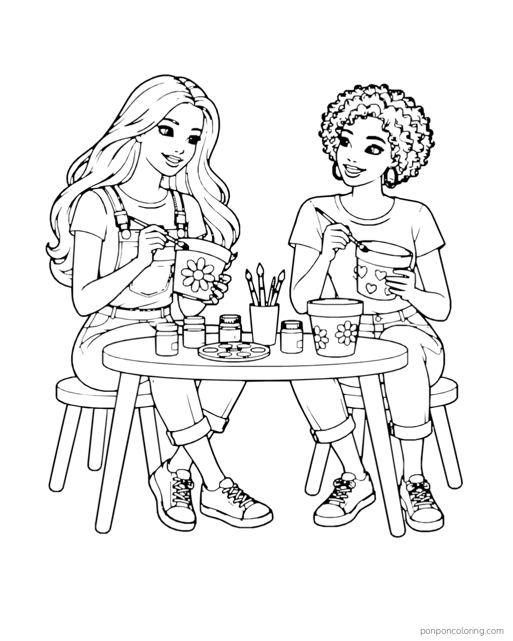 Barbie and a curly-haired friend paint flowerpots at a round table with paint jars and brushes.