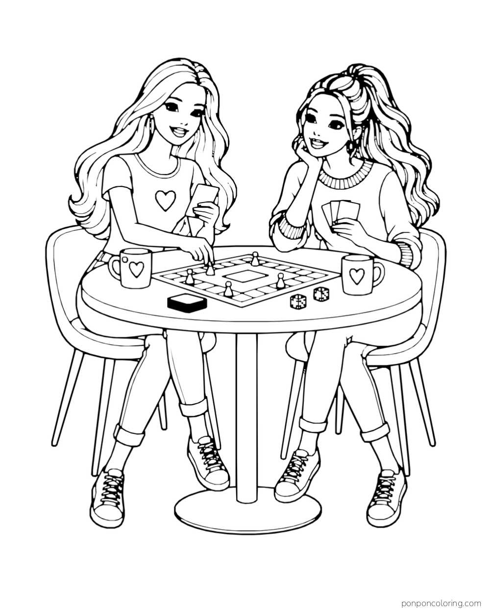 Barbie and a friend play a board game at a round table with cards, dice and two mugs.