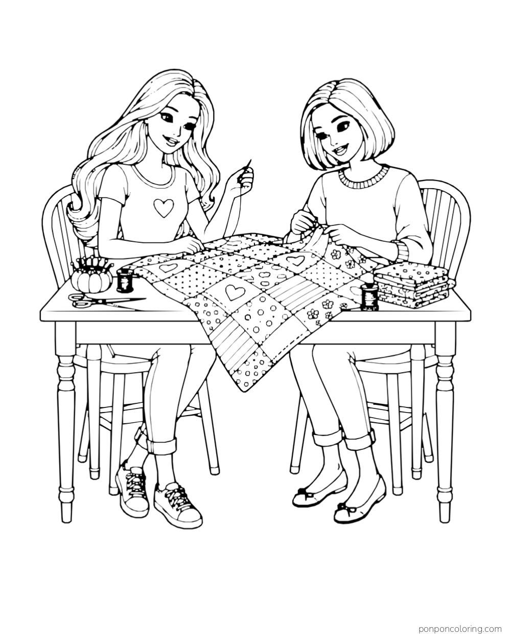 Barbie and a bob-haired friend sew a patchwork quilt at a table with thread, scissors and fabric.