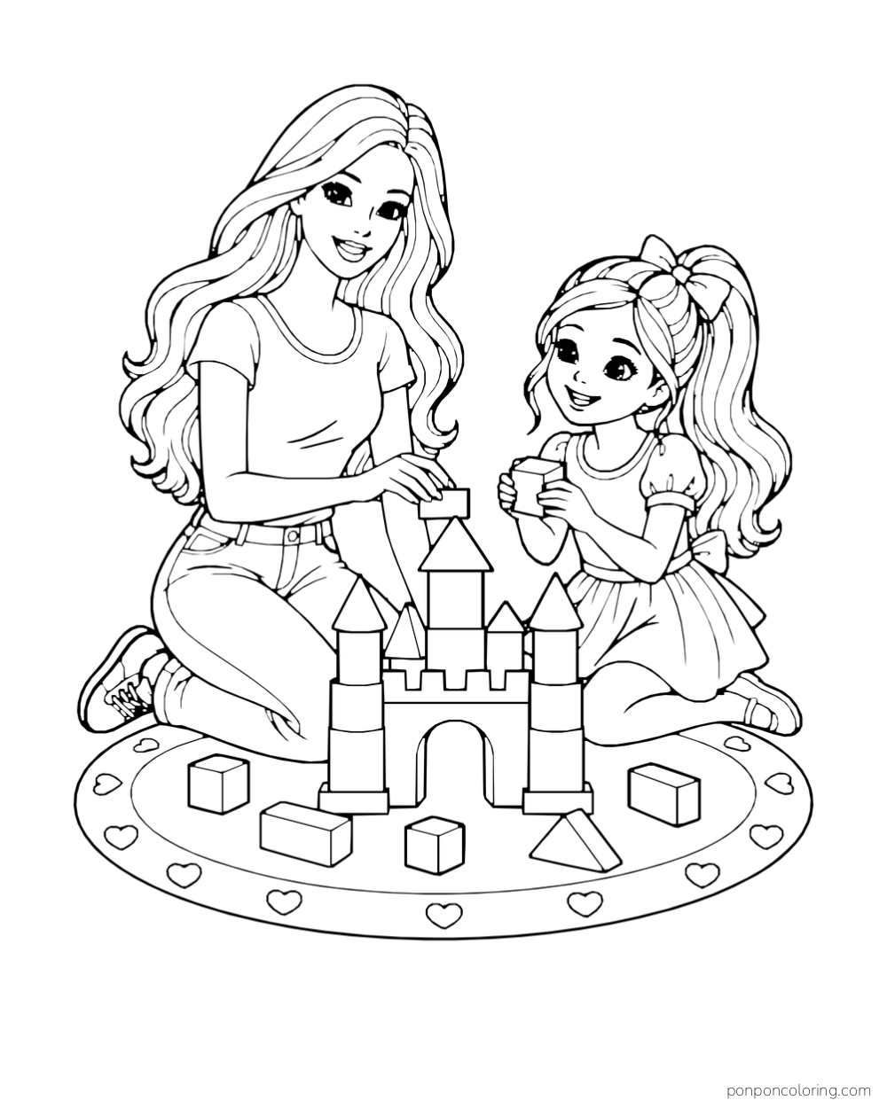 Barbie and her younger sister build a block castle on an oval heart-patterned rug.