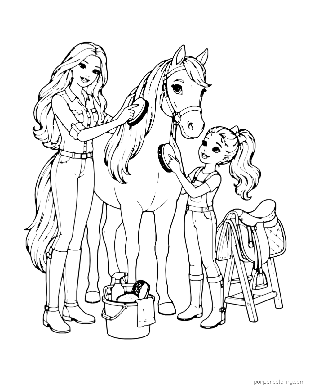 Barbie and her younger sister groom a horse beside a bucket and saddle on a stand.