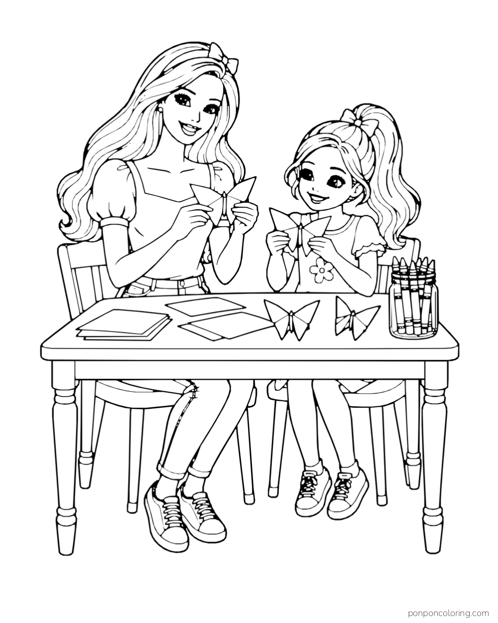 Barbie and her younger sister fold paper butterflies at a table with crayons.