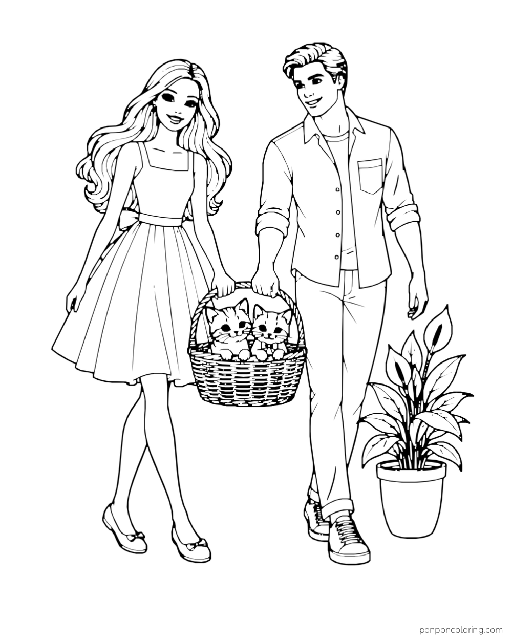 Barbie and Ken carry a basket holding two kittens beside a potted plant.