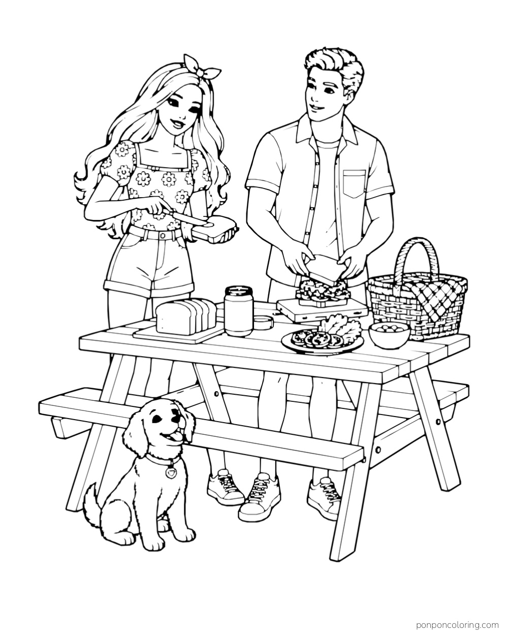 Barbie and Ken make sandwiches at a picnic table beside a basket and puppy.