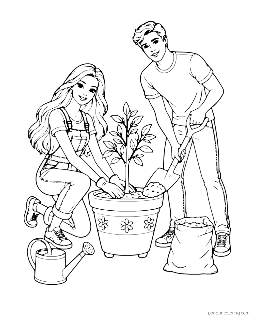Barbie and Ken plant a sapling in a large pot beside a watering can, potting mix and shovel.